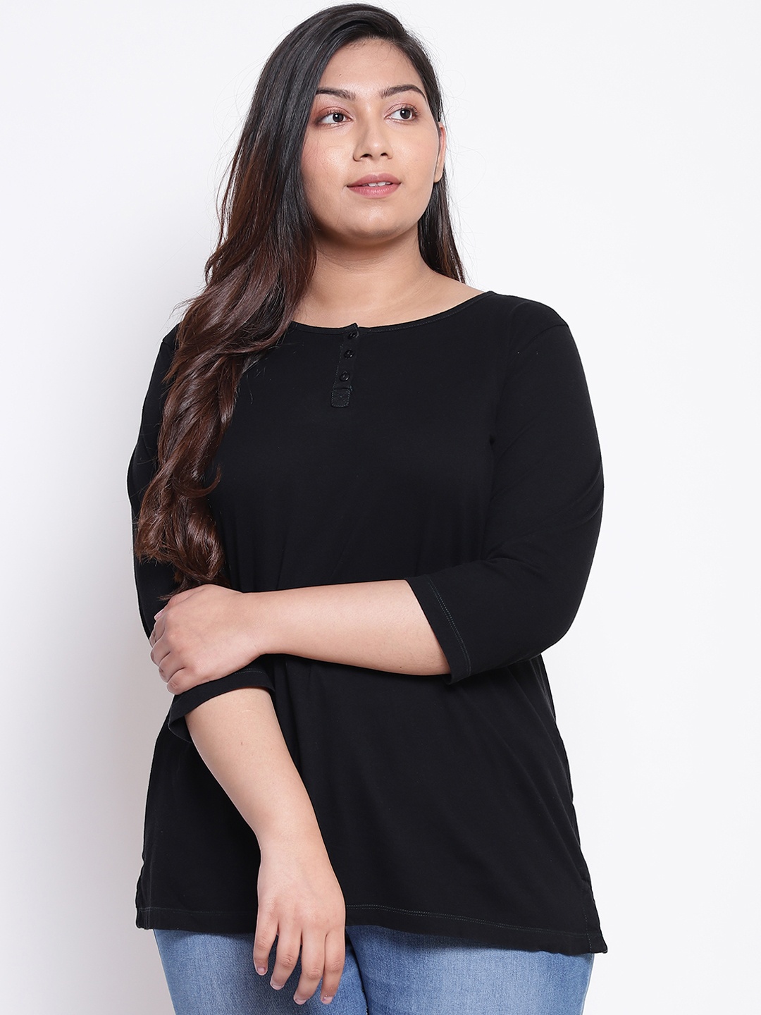 

Amydus Women Plus Size Black Solid A-Line Top