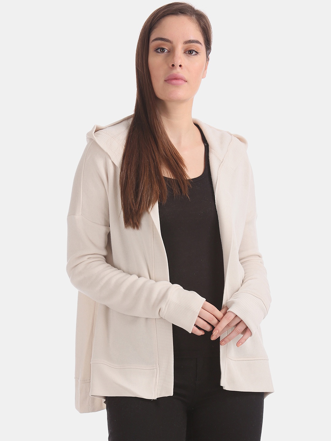 

Aeropostale Women Off-White Solid Open Front Hooded Shrug