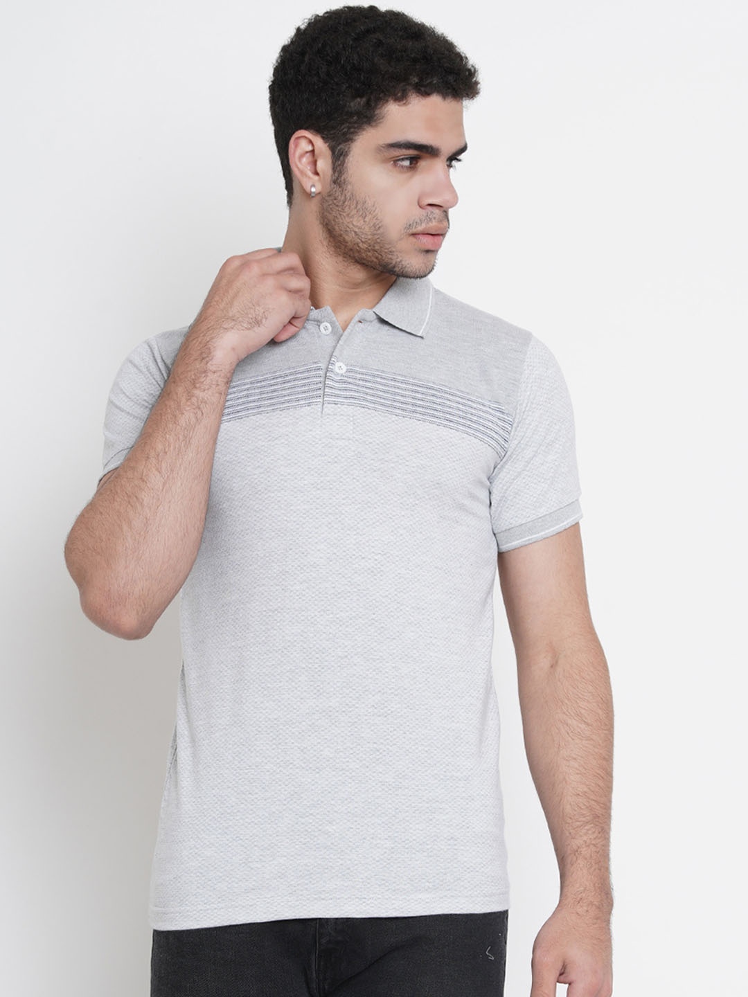 

Dais Men Grey Striped Polo Collar T-shirt