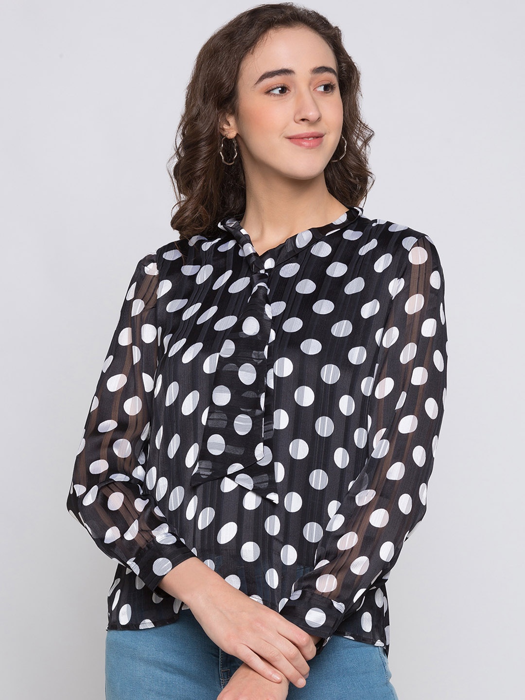 

Globus Women Black & White Semi Sheer Printed Pure Cotton Top