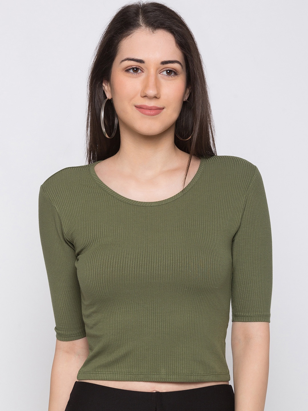 

Globus Women Olive Green Ribbed Crop Pure Cotton Top