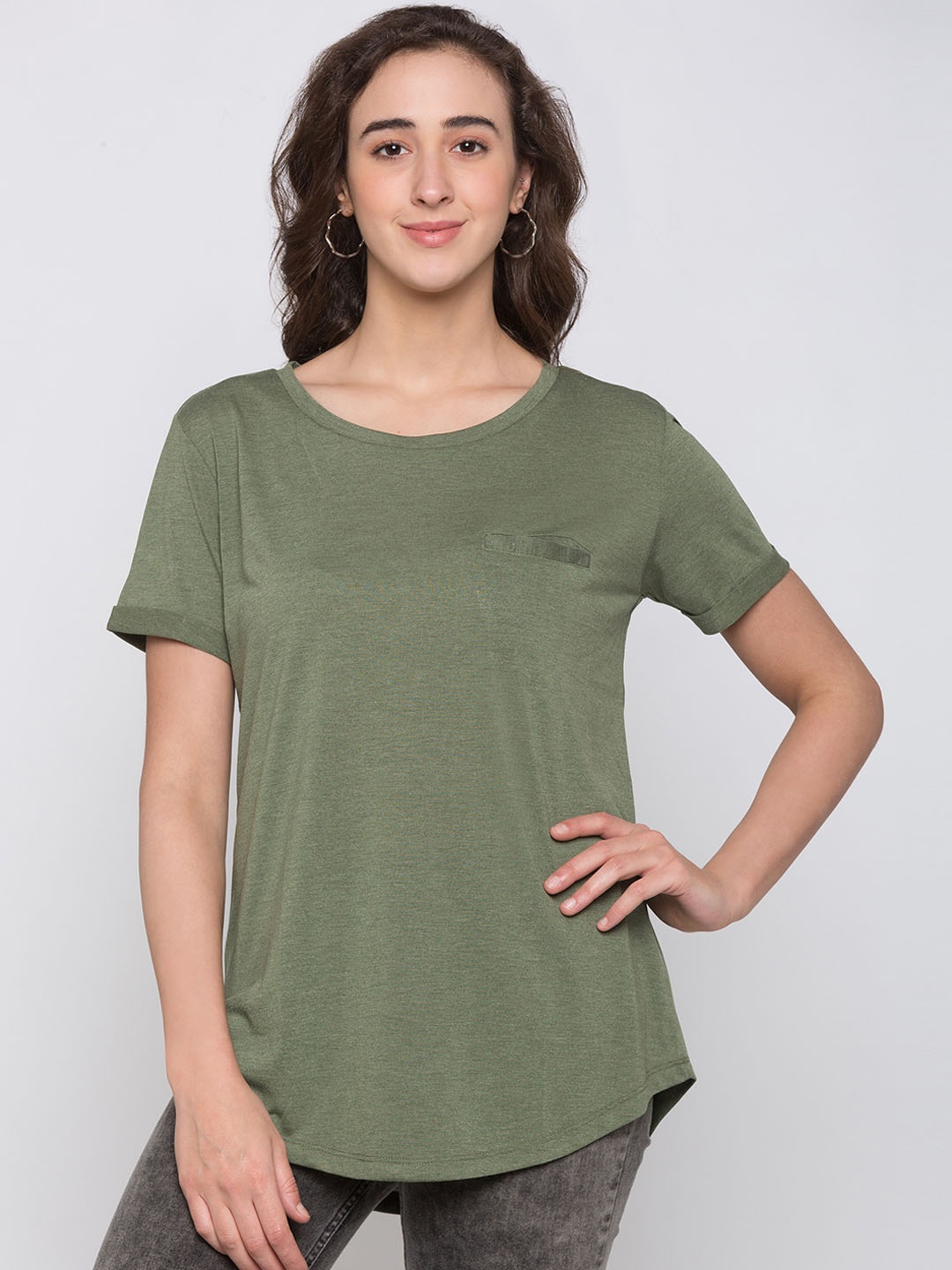 

Globus Women Olive Green Solid Round Neck T-shirt
