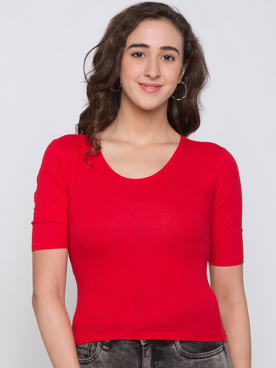 

Globus Women Red Ribbed Crop Pure Cotton Top