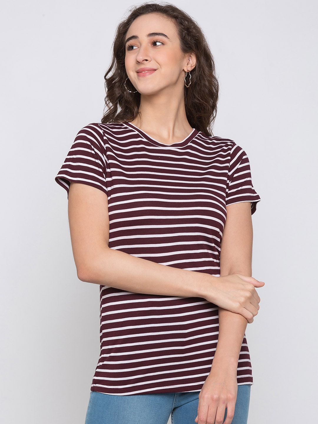 

Globus Women Burgundy & White Striped Round Neck T-shirt