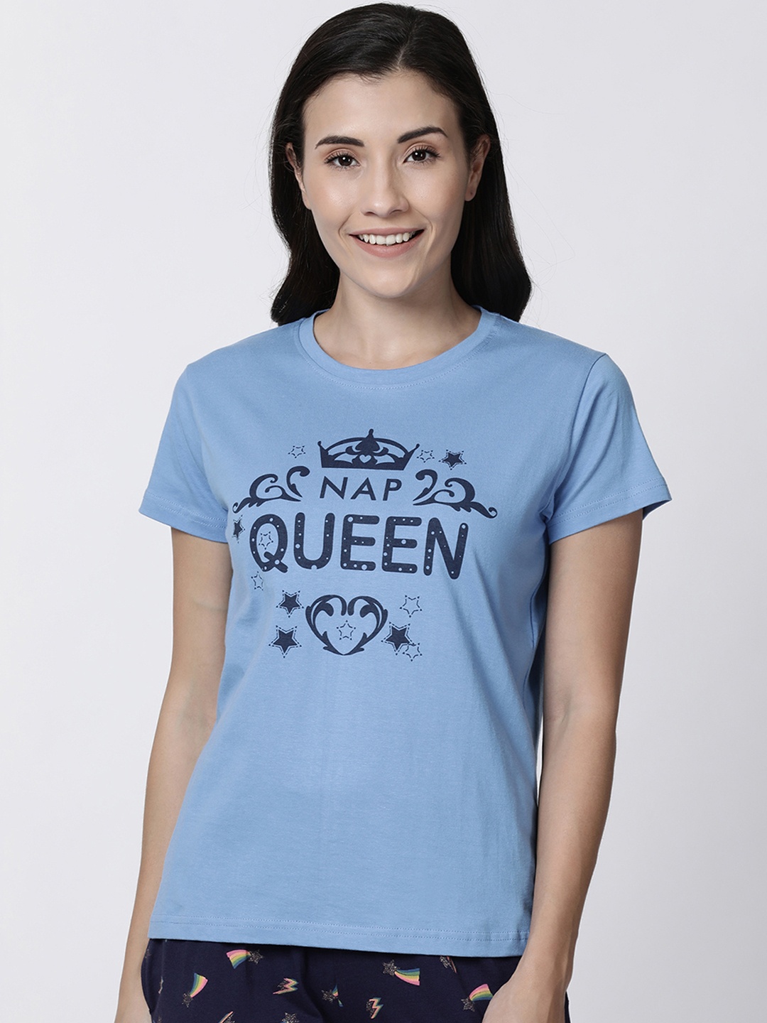

Kryptic Women Blue Printed Round Neck Pure Cotton Lounge T-shirt