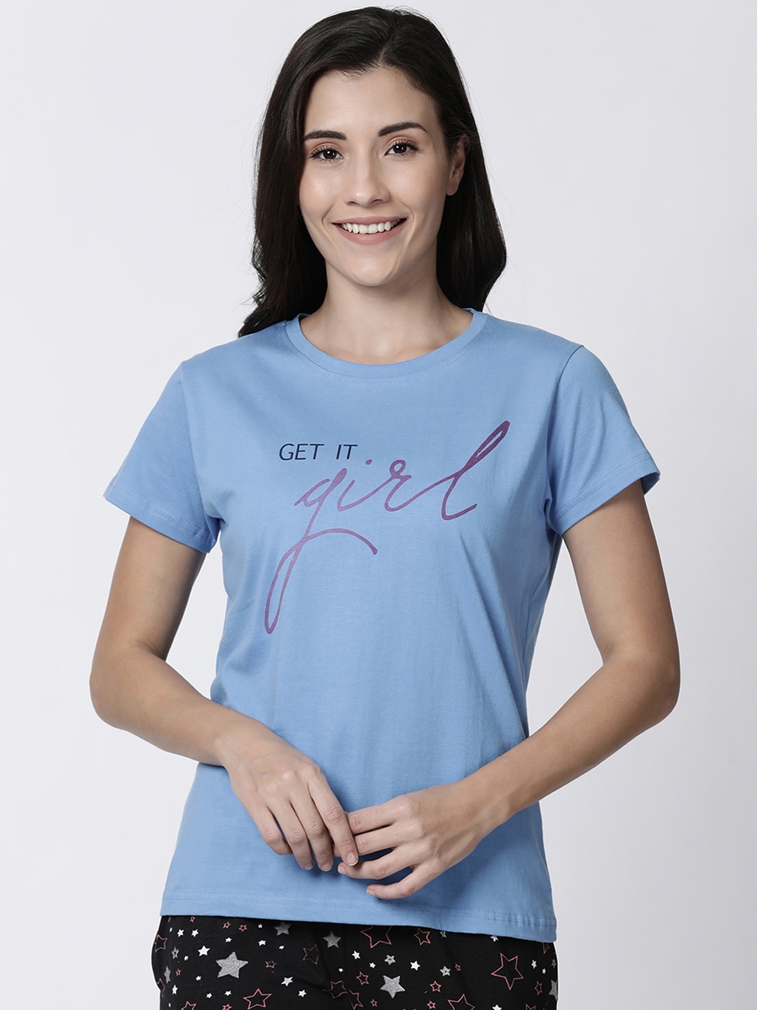 

Kryptic Women Blue Printed Pure Cotton Lounge T-shirt