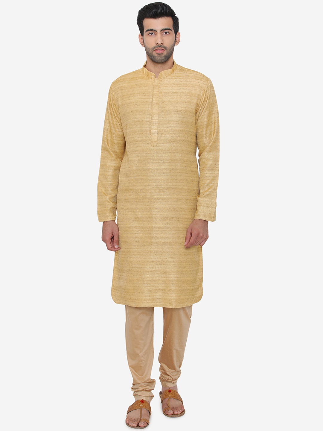 

Manyavar Men Beige & Green Solid Kurta with Churidar & Nehru Jacket