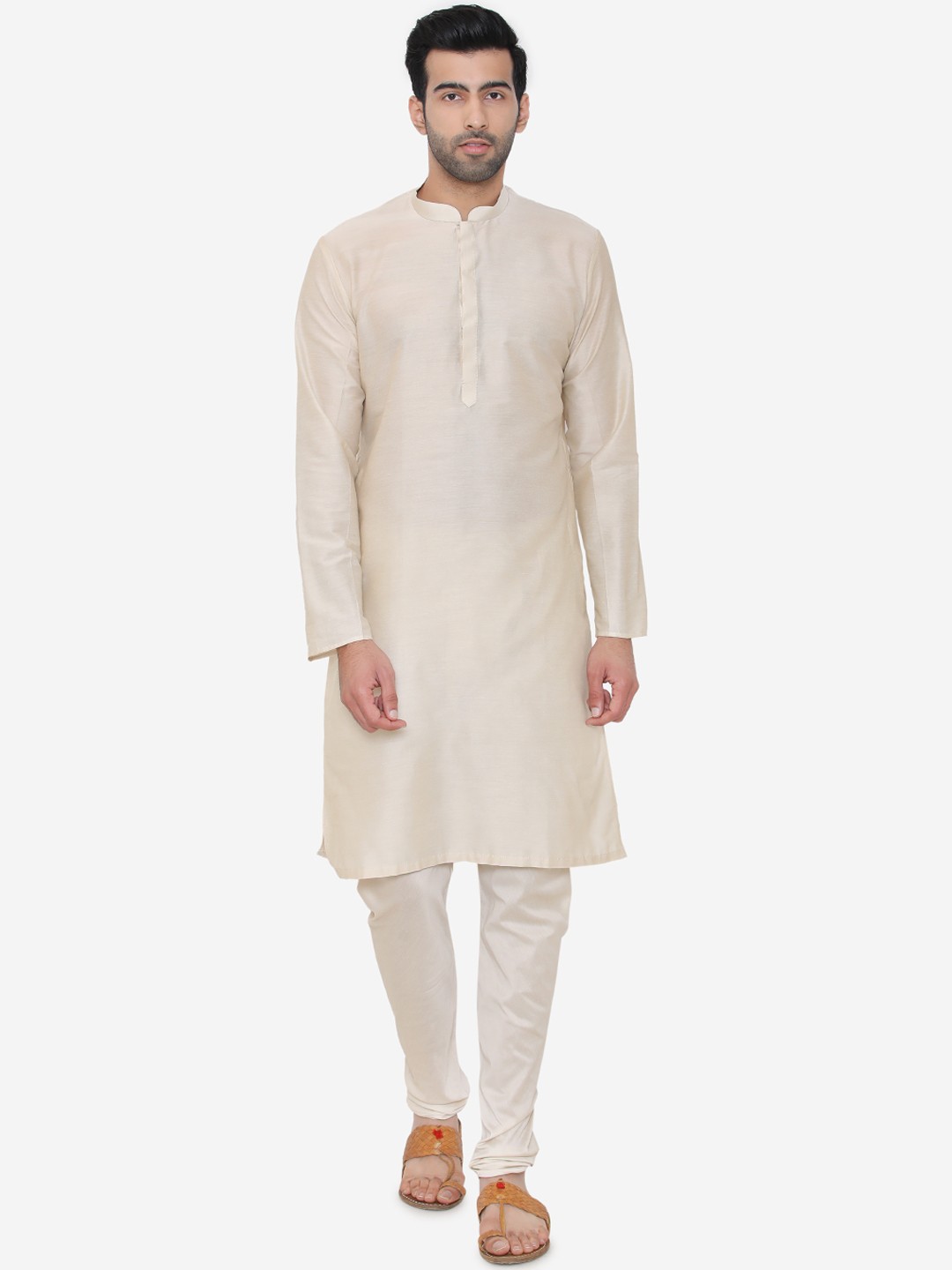 

Manyavar Men Beige Solid Kurta with Churidar & Nehru Jacket