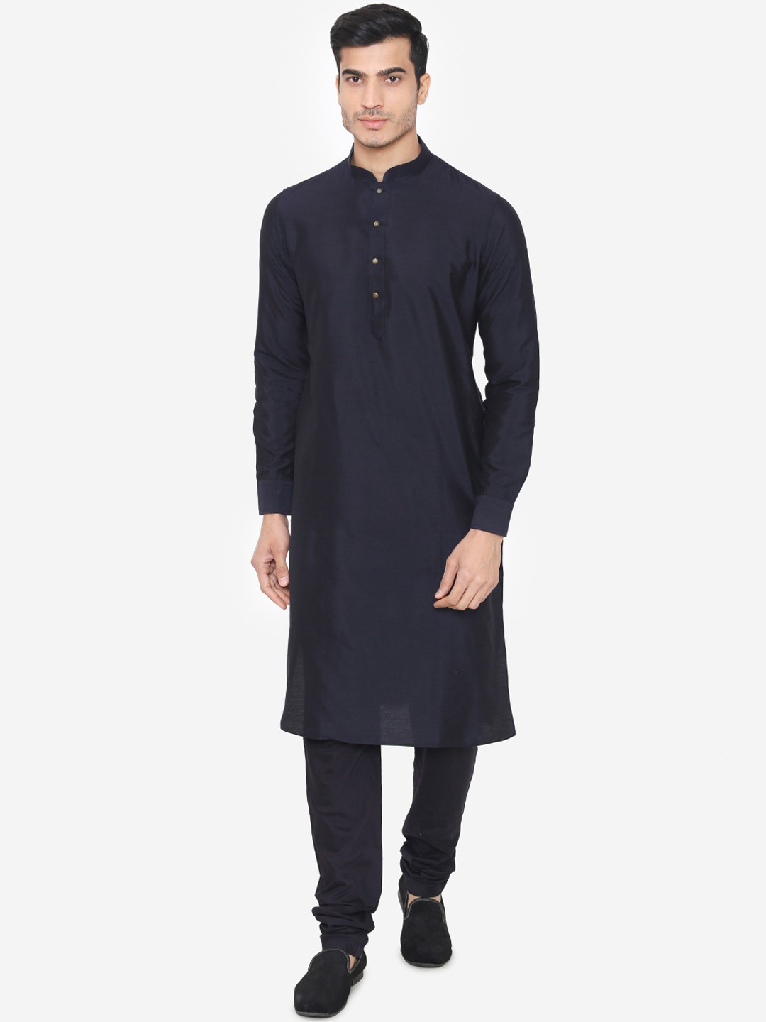 

Manyavar Men Navy Blue Solid Kurta with Churidar & Nehru Jacket