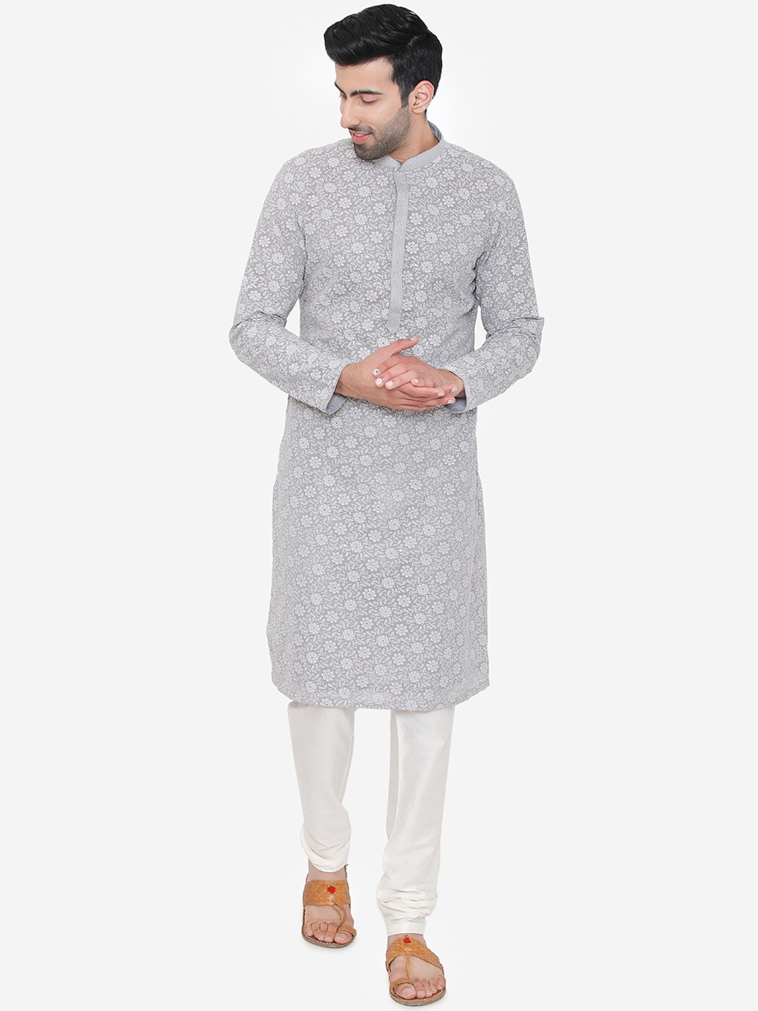 

Manyavar Men Grey & White Embroidered Kurta with Churidar