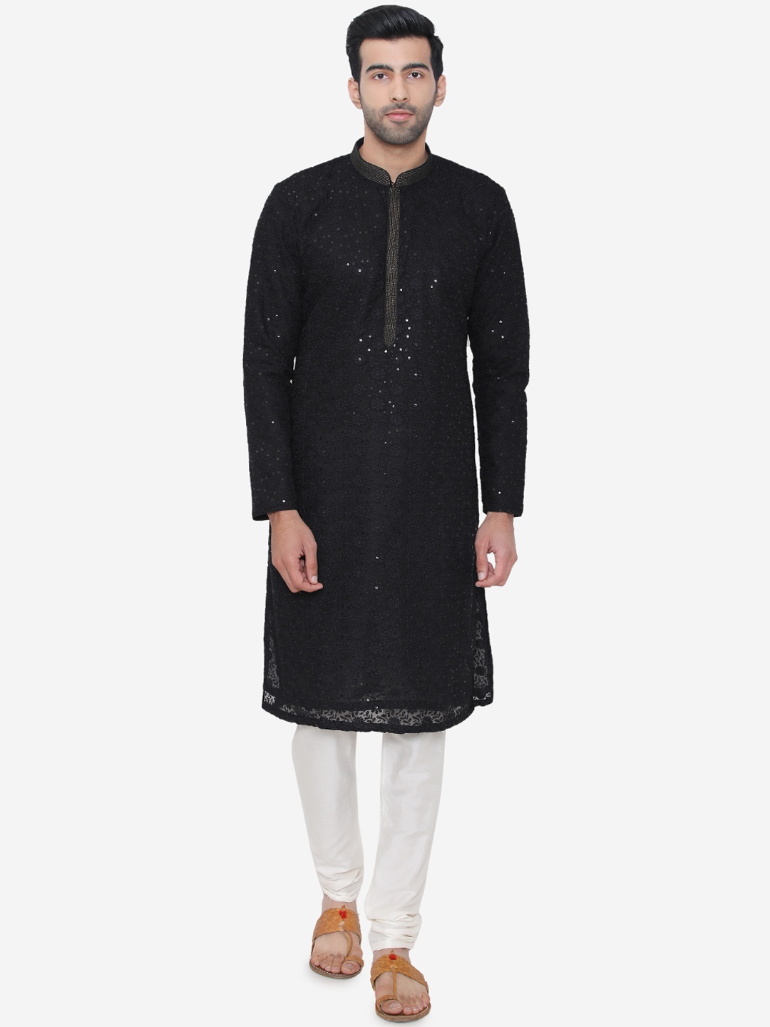 

Manyavar Men Black & White Embroidered Kurta with Churidar