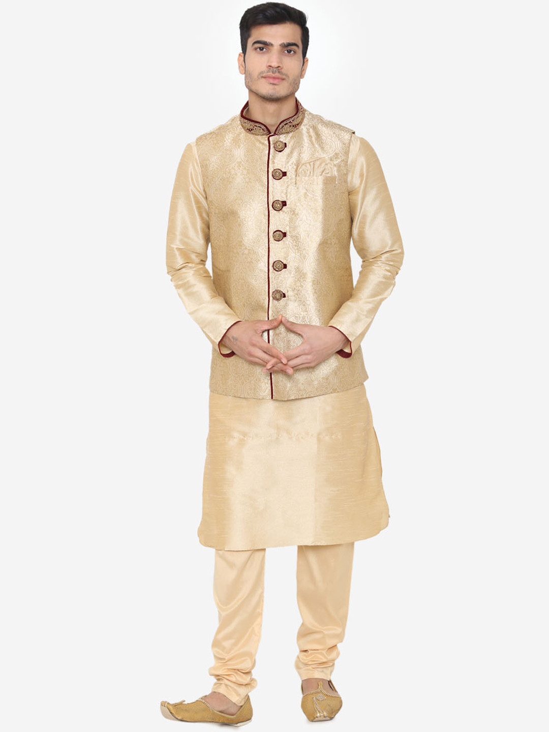 

Manyavar Men Beige Solid Kurta with Churidar & Nehru Jacket