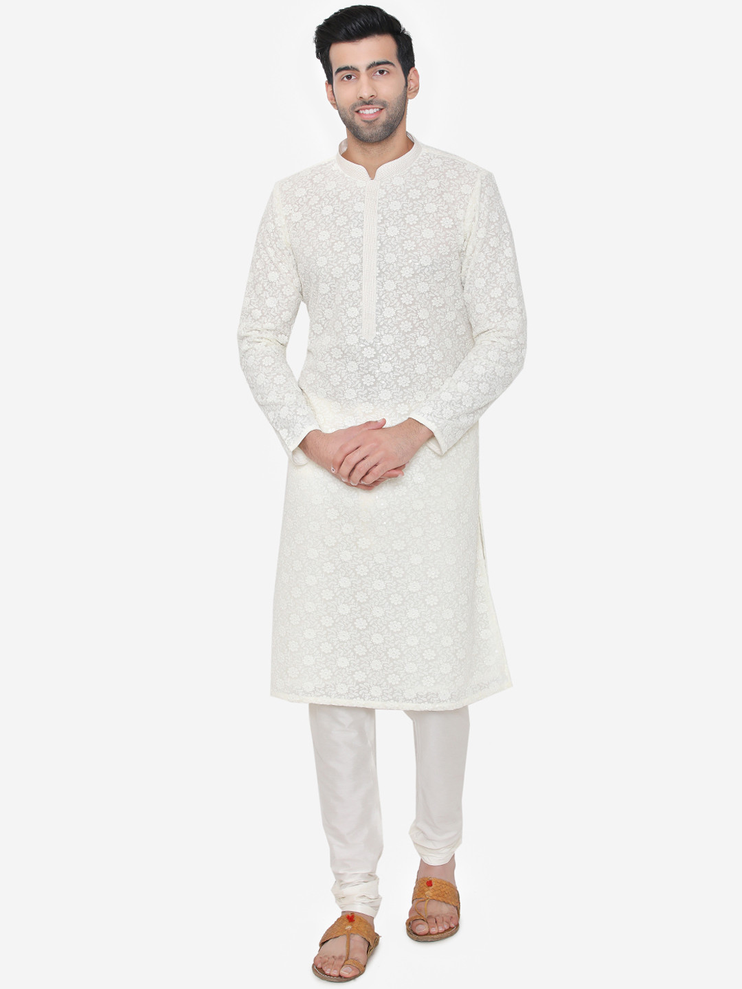 

Manyavar Men White Self-Design Kurta with Churidar