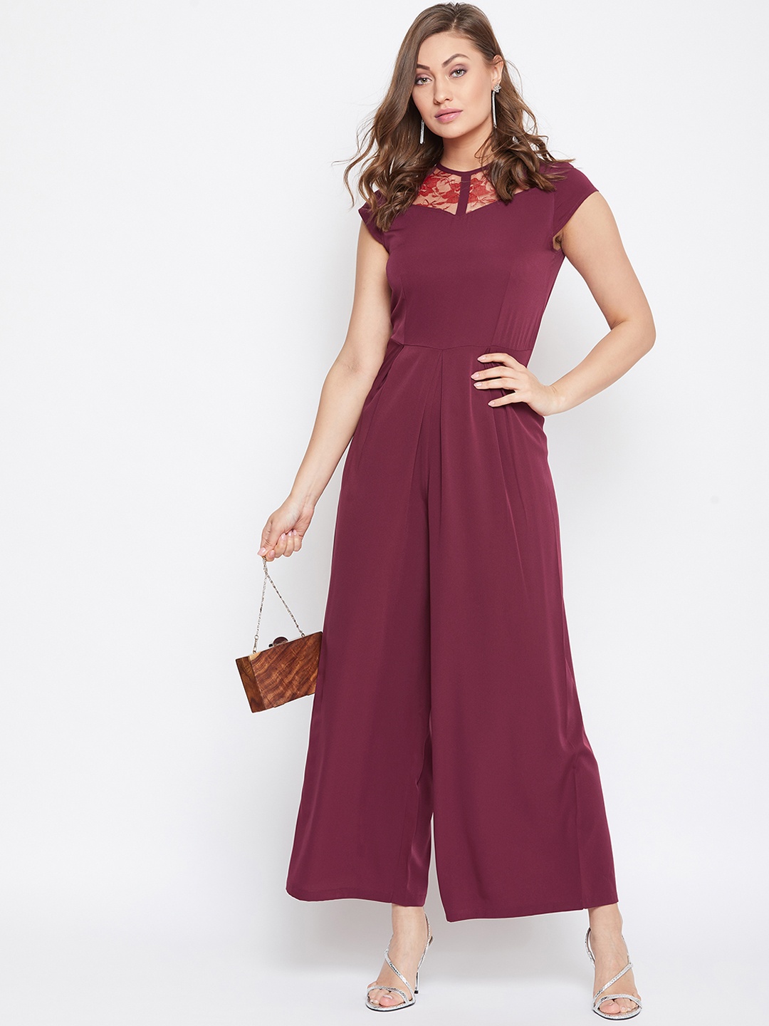 

Uptownie Lite Women Maroon Solid Basic Lace Jumpsuit