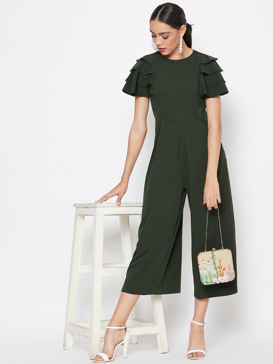 

Uptownie Lite Women Olive Green Ruffle Sleeves Midi Jumpsuit