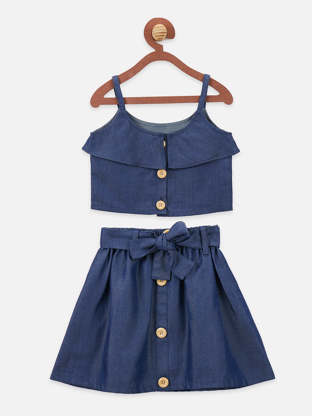 

LilPicks Girls Blue Solid Denim Top with Skirt