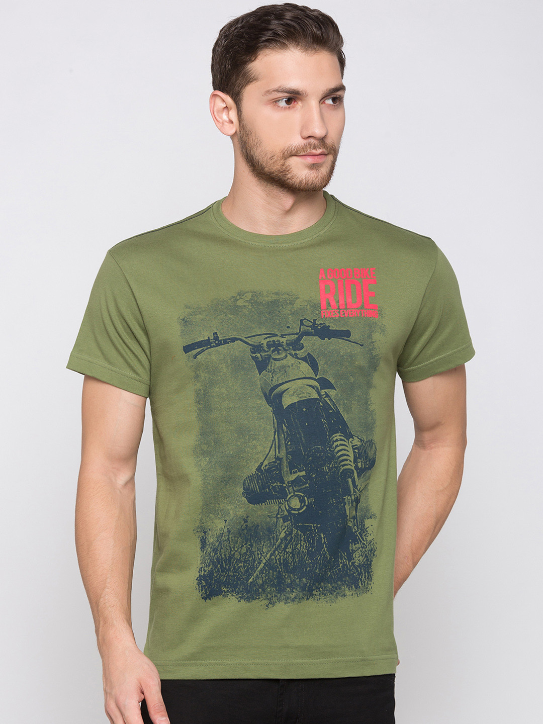 

Globus Men Olive Green Printed Round Neck T-shirt
