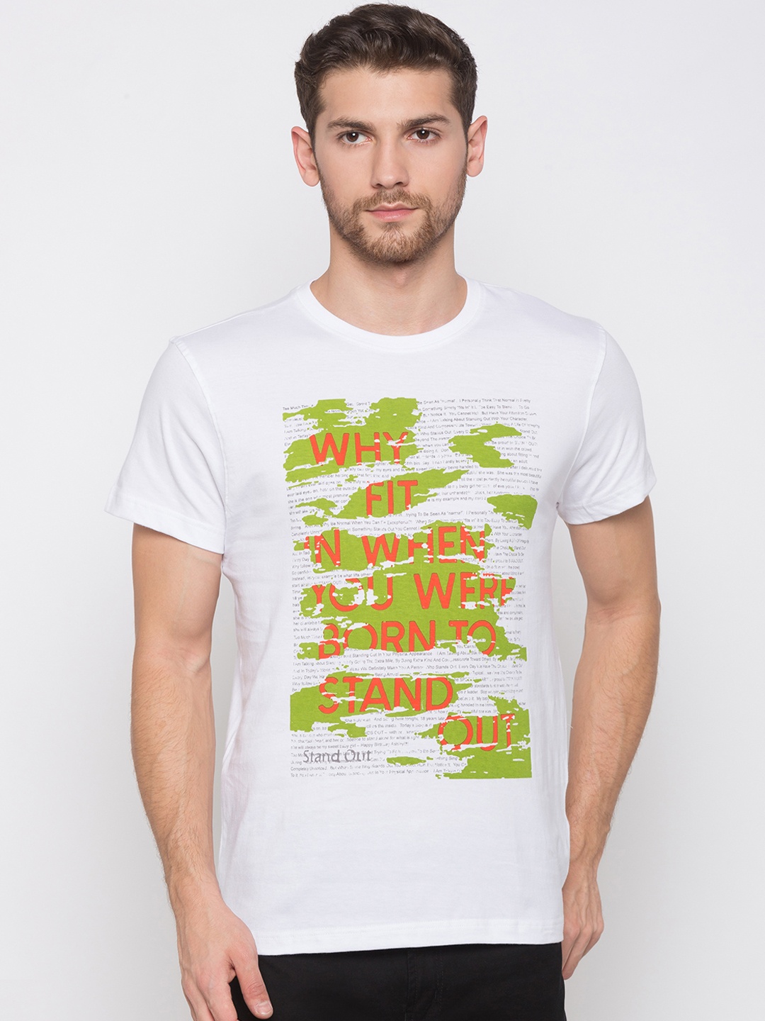 

Globus Men White & Green Printed Round Neck T-shirt
