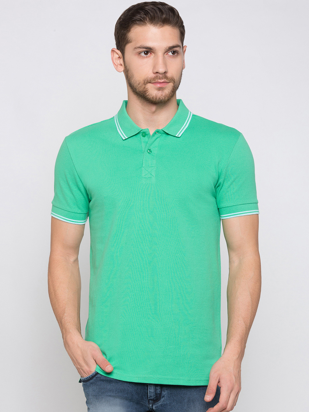 

Globus Men Green Striped Polo Collar T-shirt