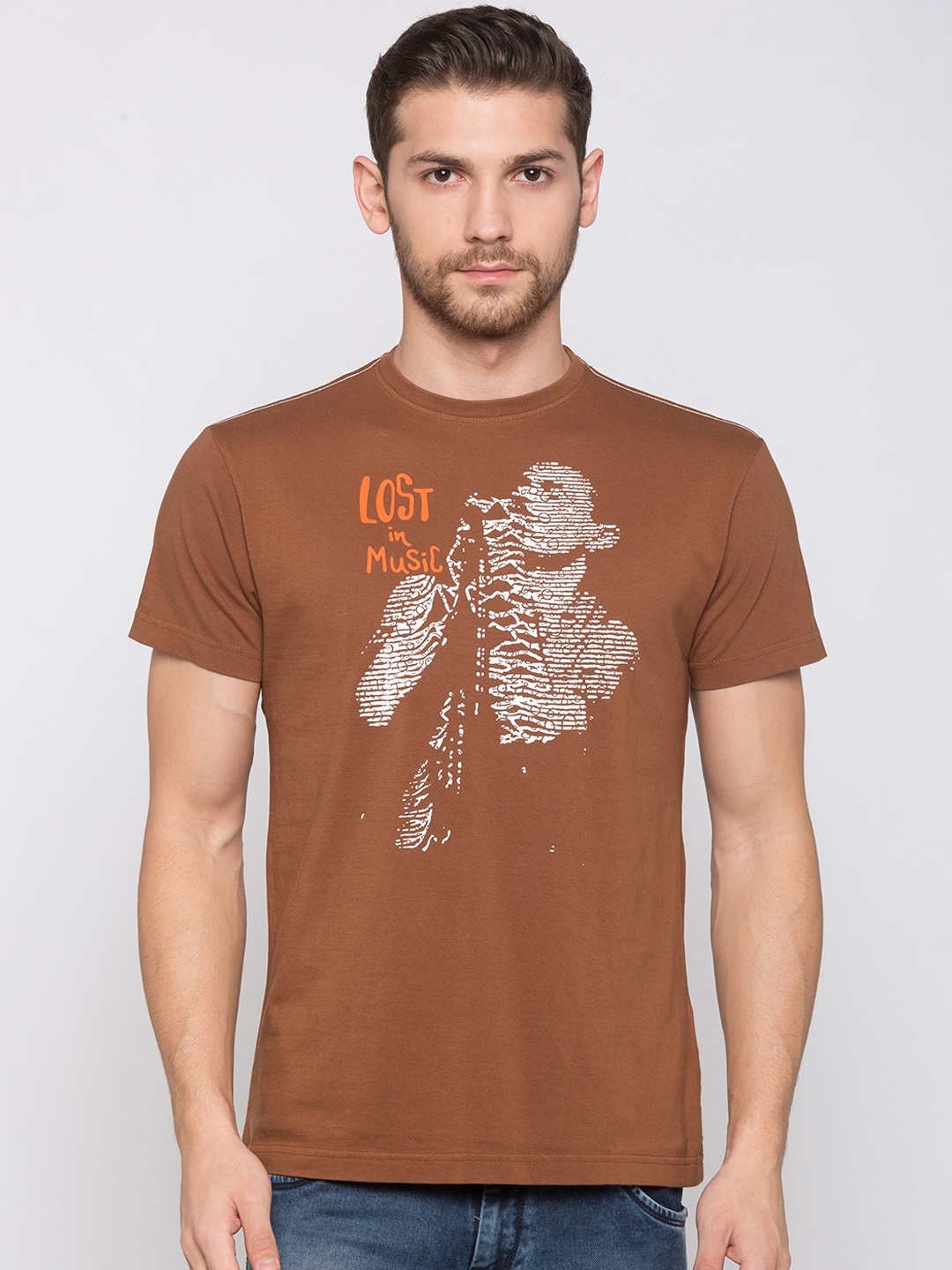

Globus Men Brown Printed Round Neck T-shirt