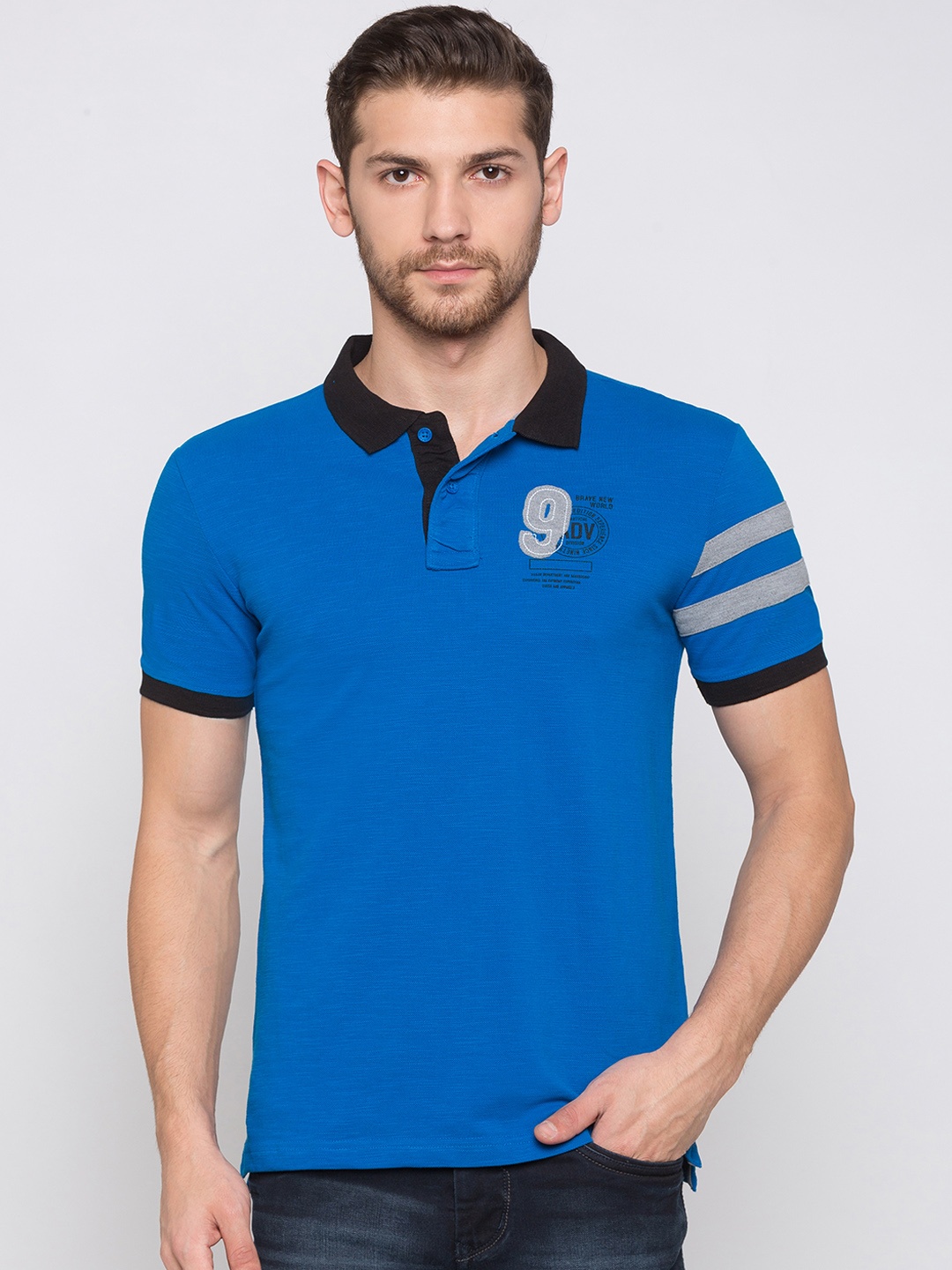 

Globus Men Blue Printed Polo Collar T-shirt