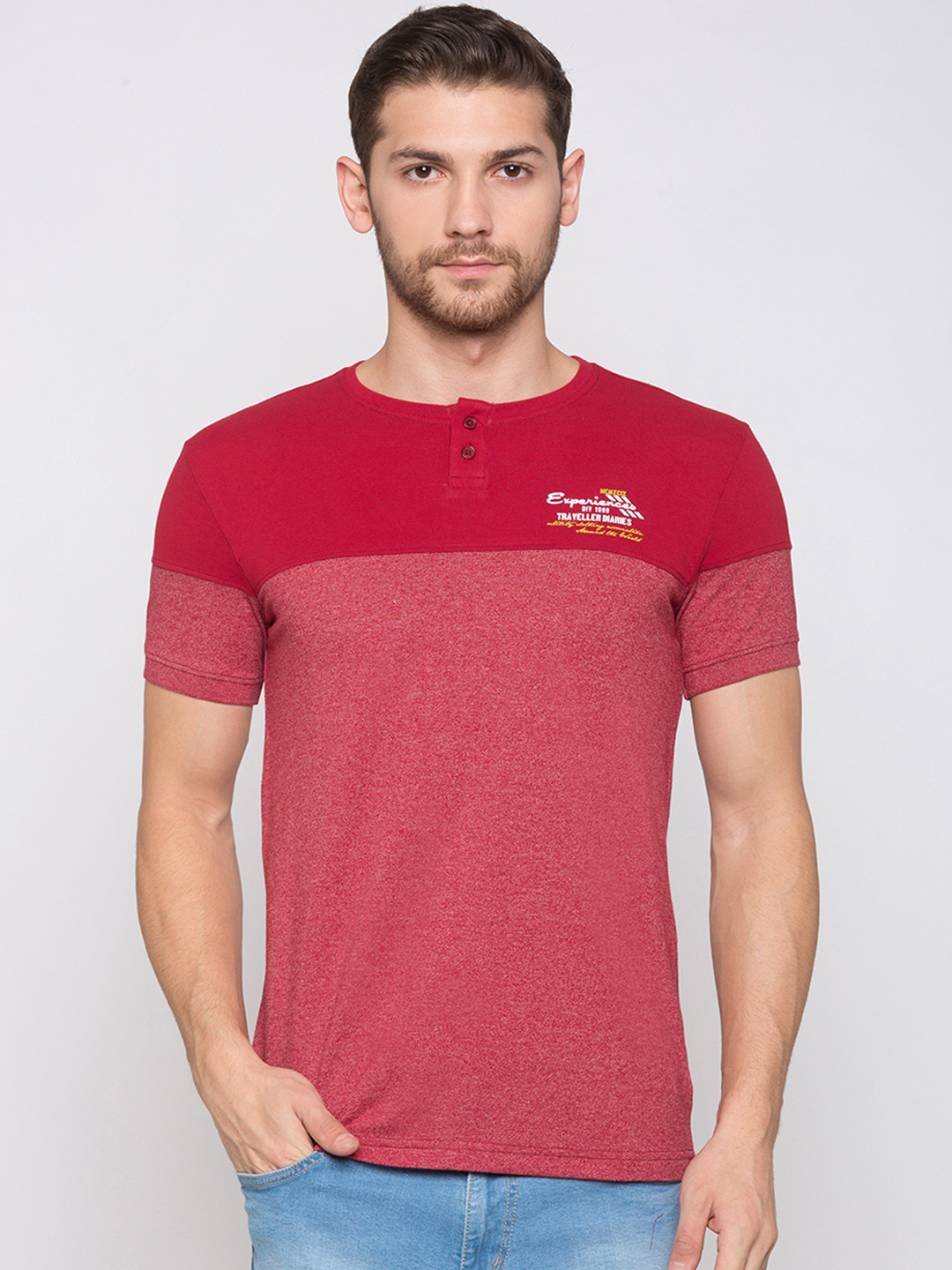 

Globus Men Red Colourblocked Henley Neck T-shirt