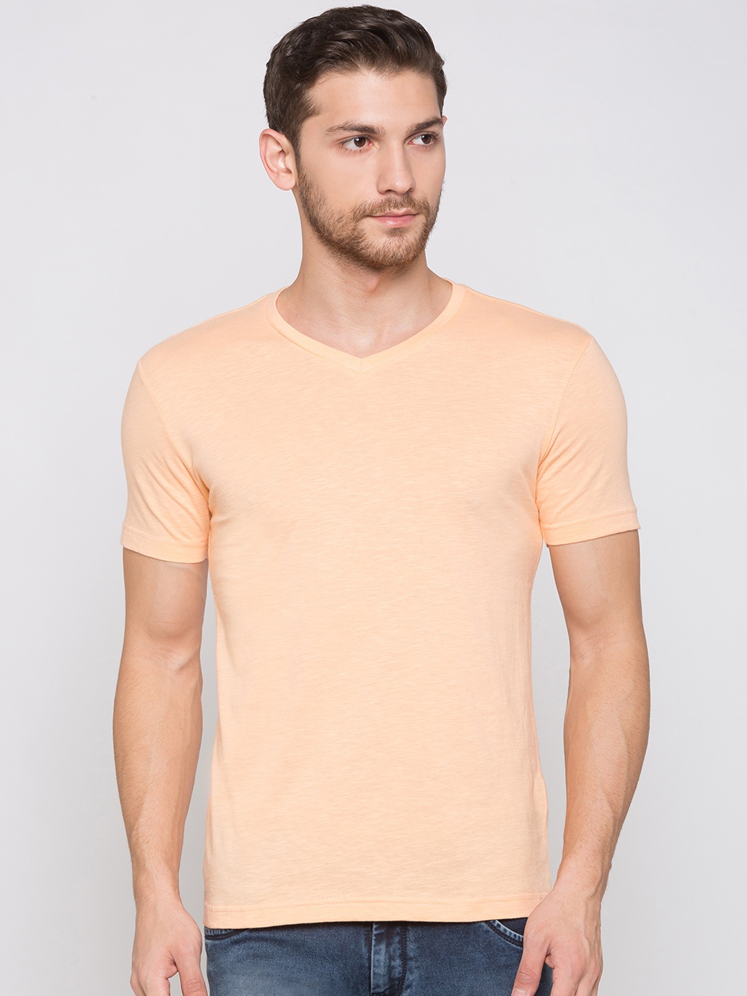 

Globus Men Coral Peach Solid V-Neck T-shirt