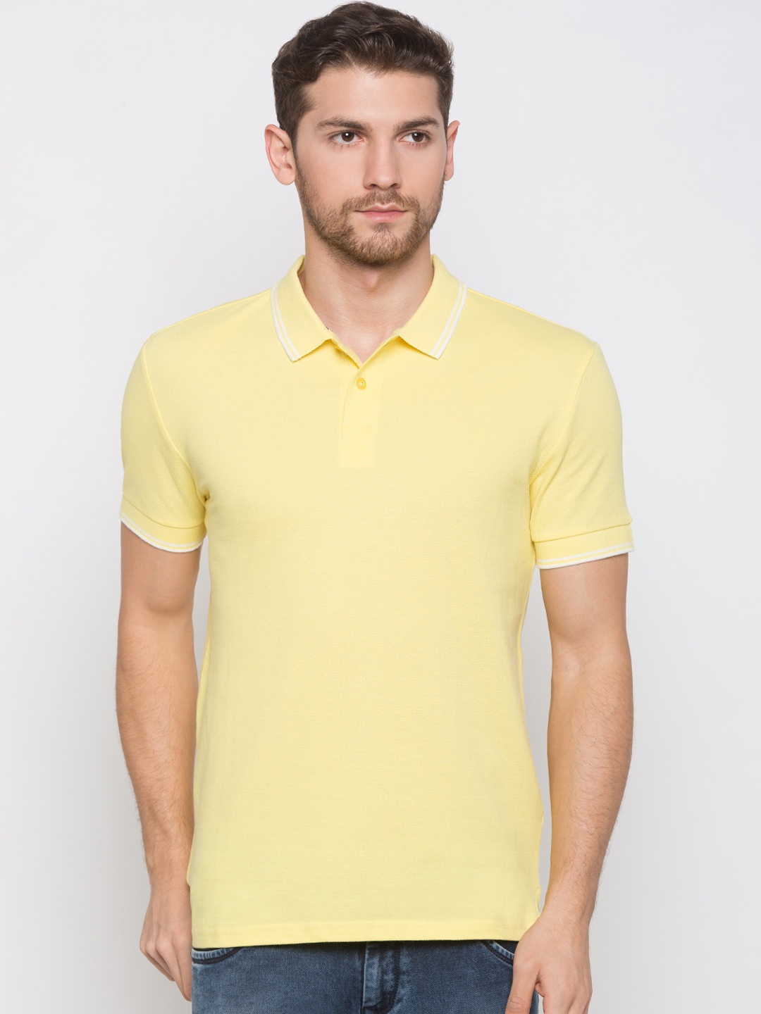 

Globus Men Yellow Solid Polo Collar T-shirt