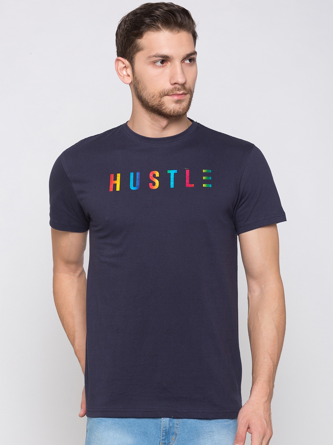 

Globus Men Navy Blue Printed Round Neck T-shirt