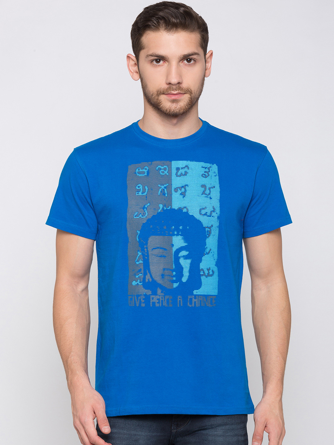 

Globus Men Blue Printed Round Neck T-shirt