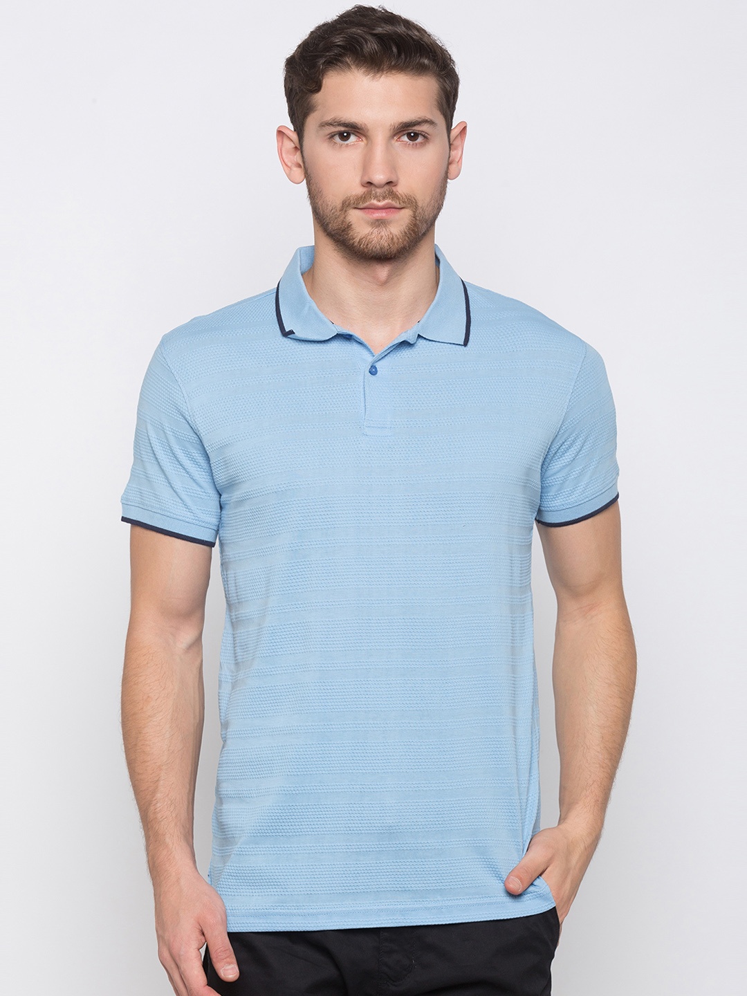 

Globus Men Blue Self Design Polo Collar T-shirt