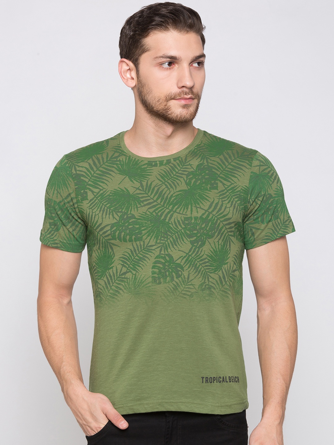 

Globus Men Olive Green Printed Round Neck T-shirt