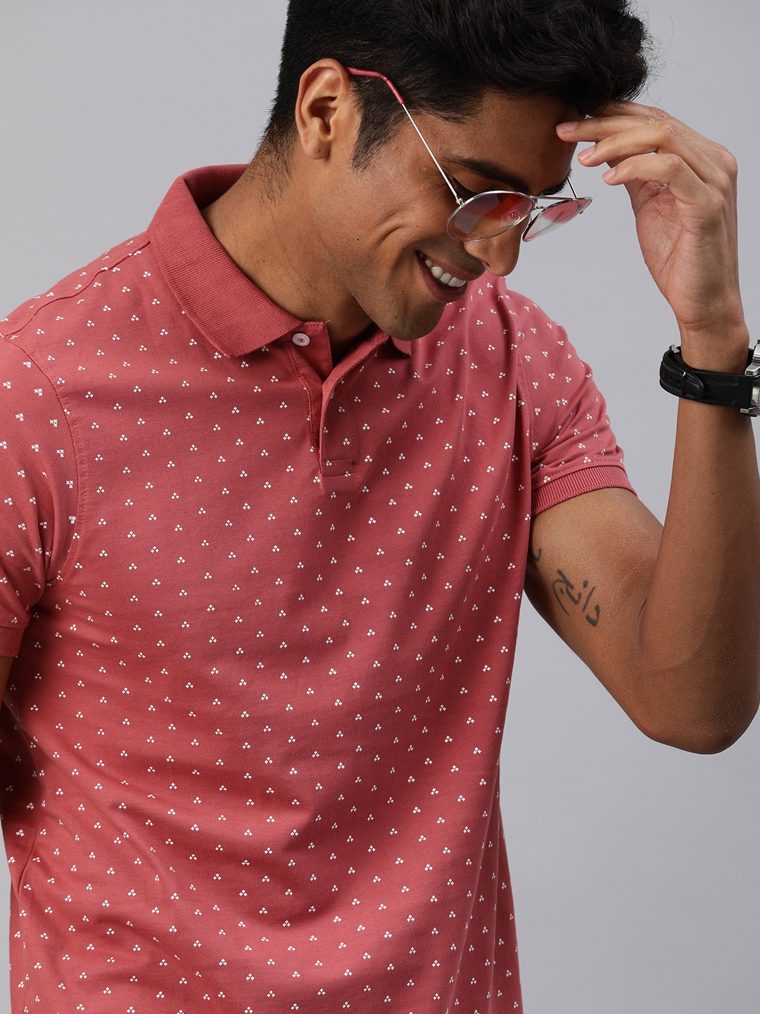 

Mast & Harbour Men Dusty Pink & White Printed Polo Collar T-shirt