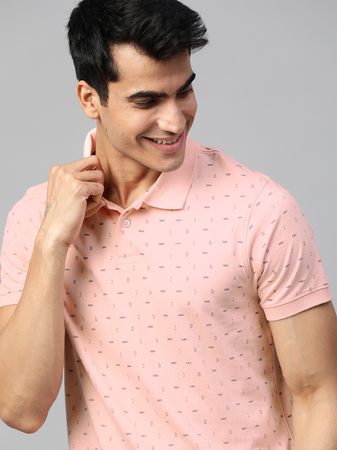 

Mast Harbour Men Pink Navy Blue Printed Polo Collar Pure Cotton T-shirt