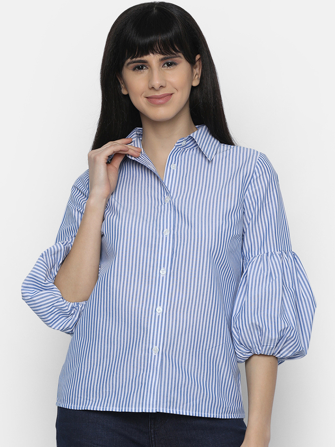 

ISU Women Blue & White Regular Fit Striped Casual Shirt