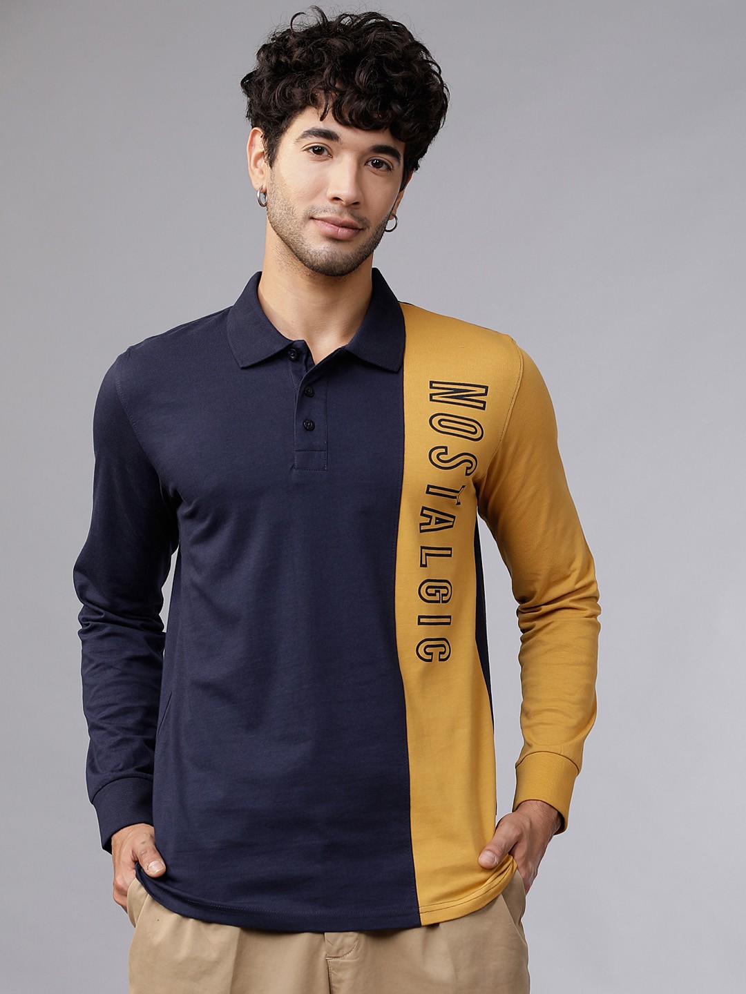 

LOCOMOTIVE Men Navy Blue & Mustard Yellow Colourblocked Polo Collar T-shirt