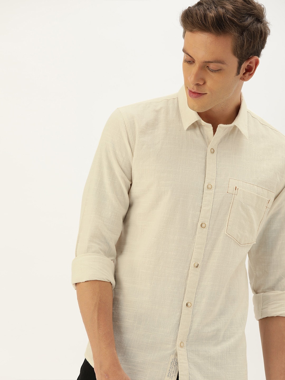 

Ether Kora Collection Men Off-White Sustainable Unbleached Fabric Solid Sustainable Shirt