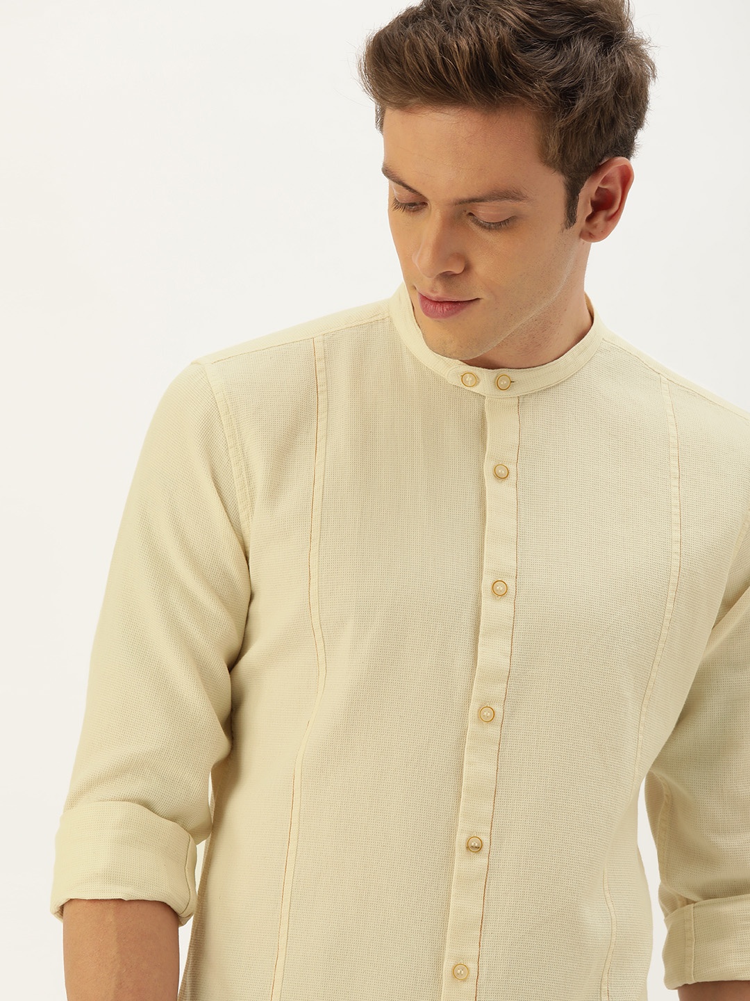 

Ether Kora Collection Men Beige Sustainable Unbleached Fabric Panelled Textured Sustainable Shirt