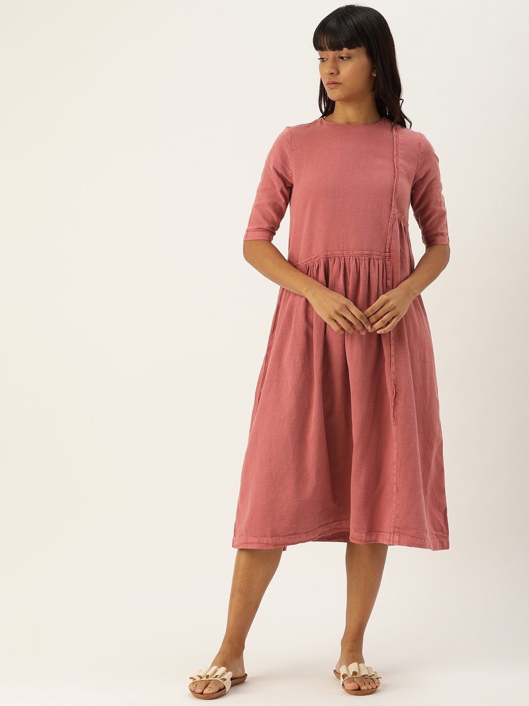 

ether Kora Collection Women Pink Sustainable Natural Dyed Solid A-Line Sustainable Dress with Gathers