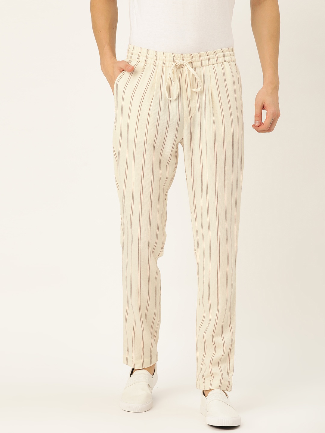 

ether Kora Collection Men Off-White Sustainable Unbleached Slim Striped Regular Sustainable Trousers