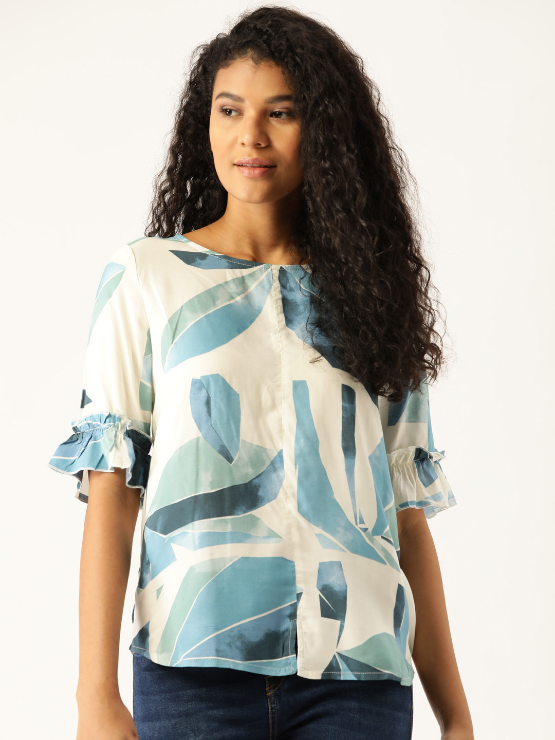 

ether Women Blue & Off-White Printed Top