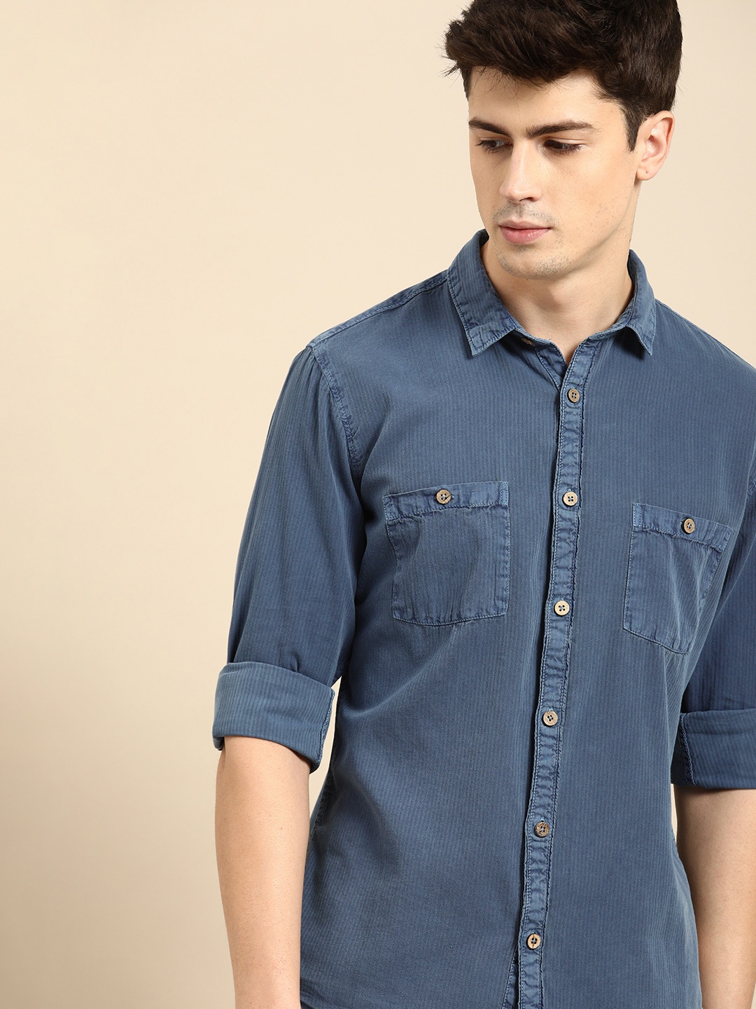 

ether Men Blue Regular Fit Self-Striped Sustainable Natural Dyed Sustainable Casual Shirt