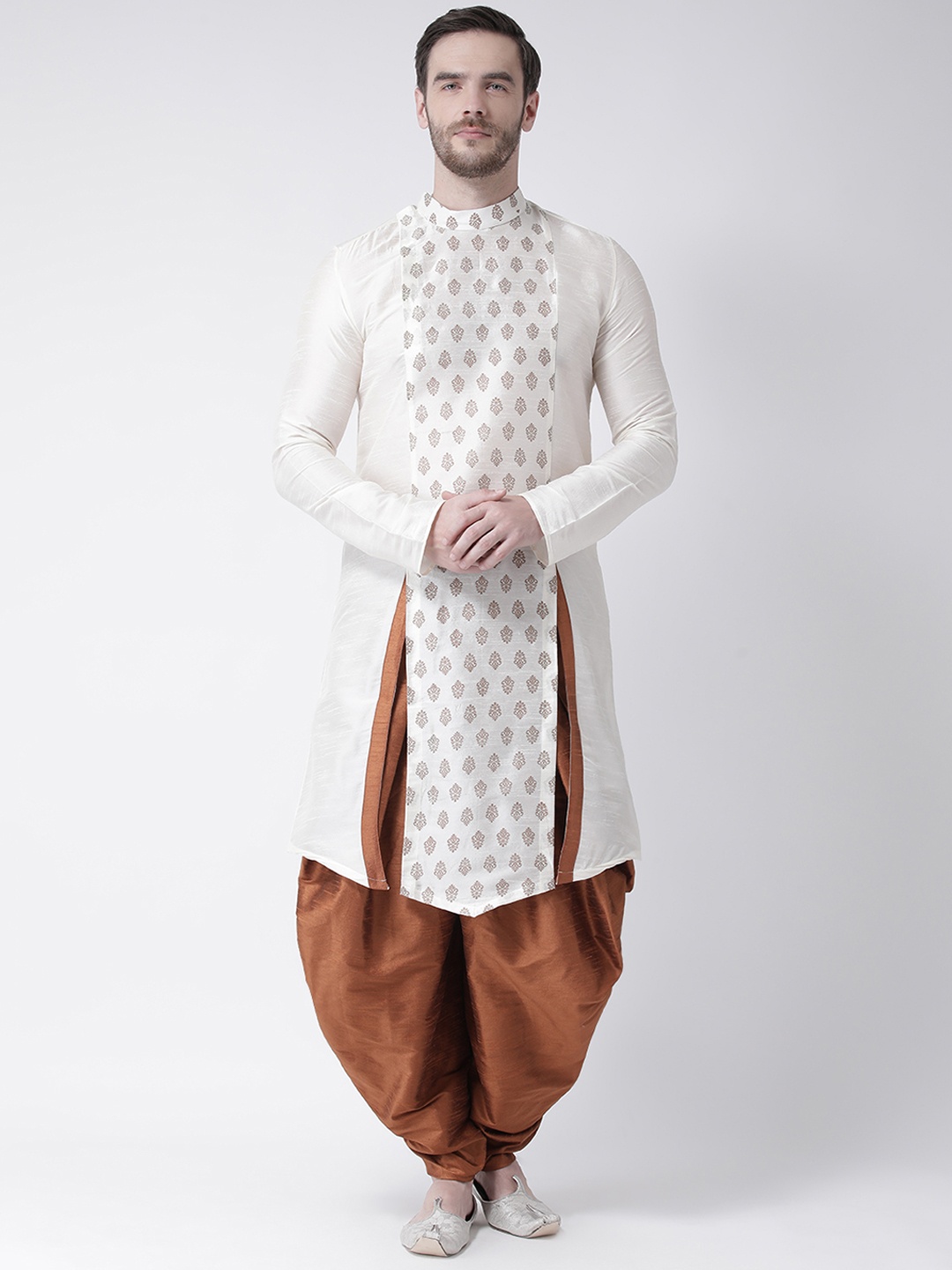 

DEYANN Men Off-White & Copper-Toned Woven Design Kurta with Dhoti Pants