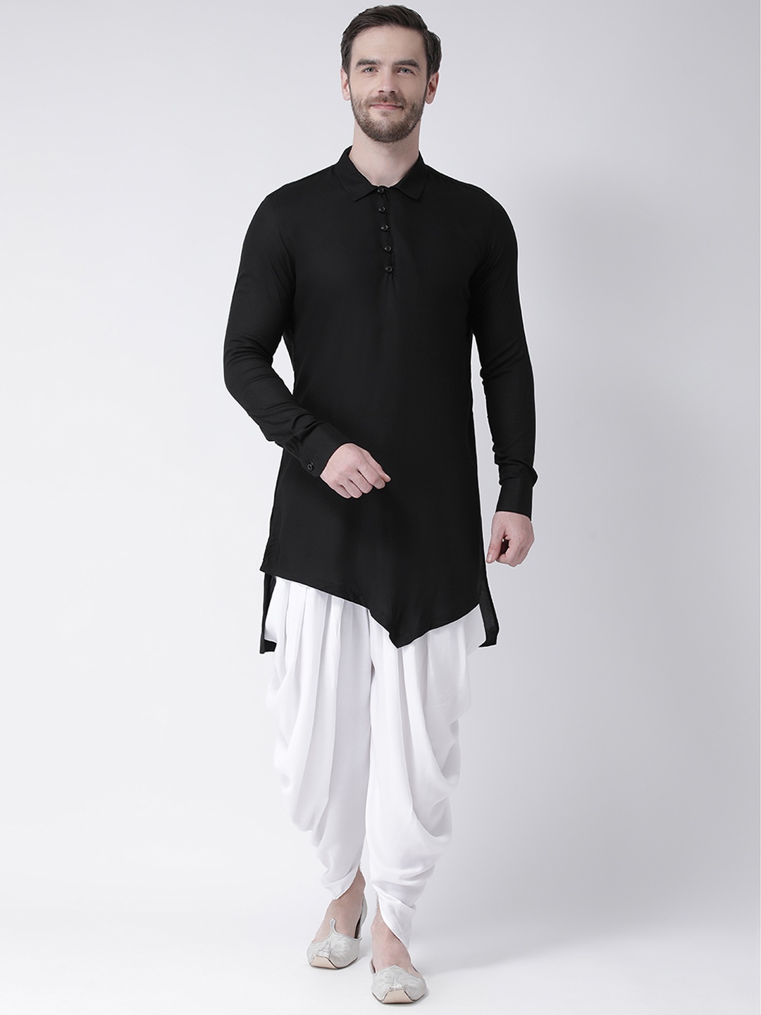 

DEYANN Men Black & White Solid Kurta with Dhoti Pants