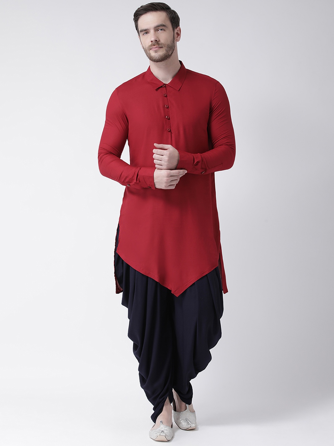 

DEYANN Men Red & Navy Blue Solid Kurta with Dhoti Pants