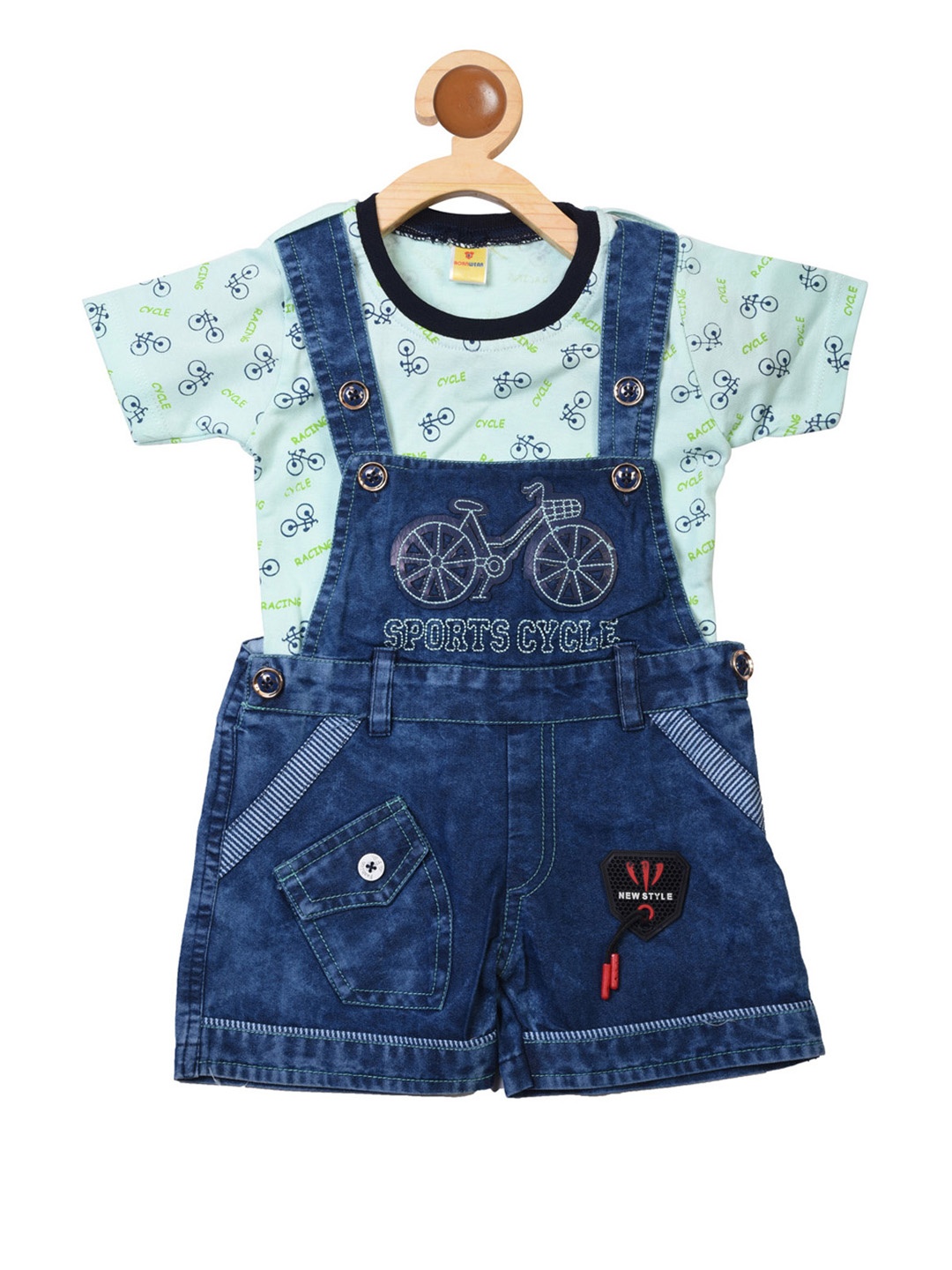 

BORN WEAR Boys Blue & Green Denim Dungaress With T-Shirt