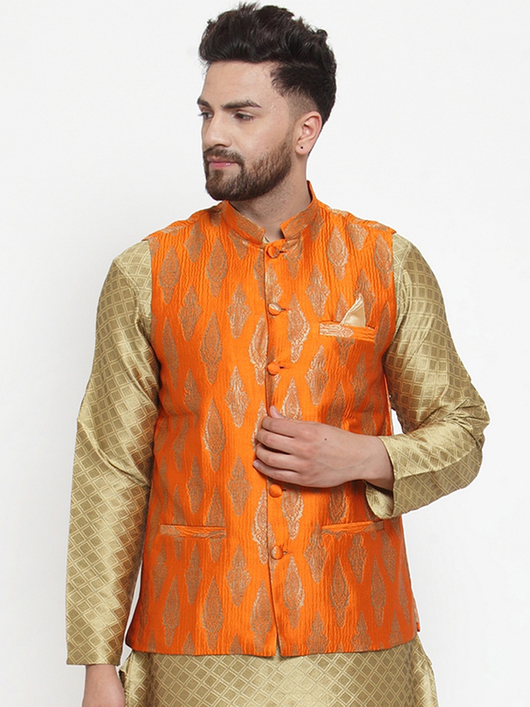 

NEUDIS Men Orange & Gold-Coloured Jacquard Woven Design Nehru Jacket