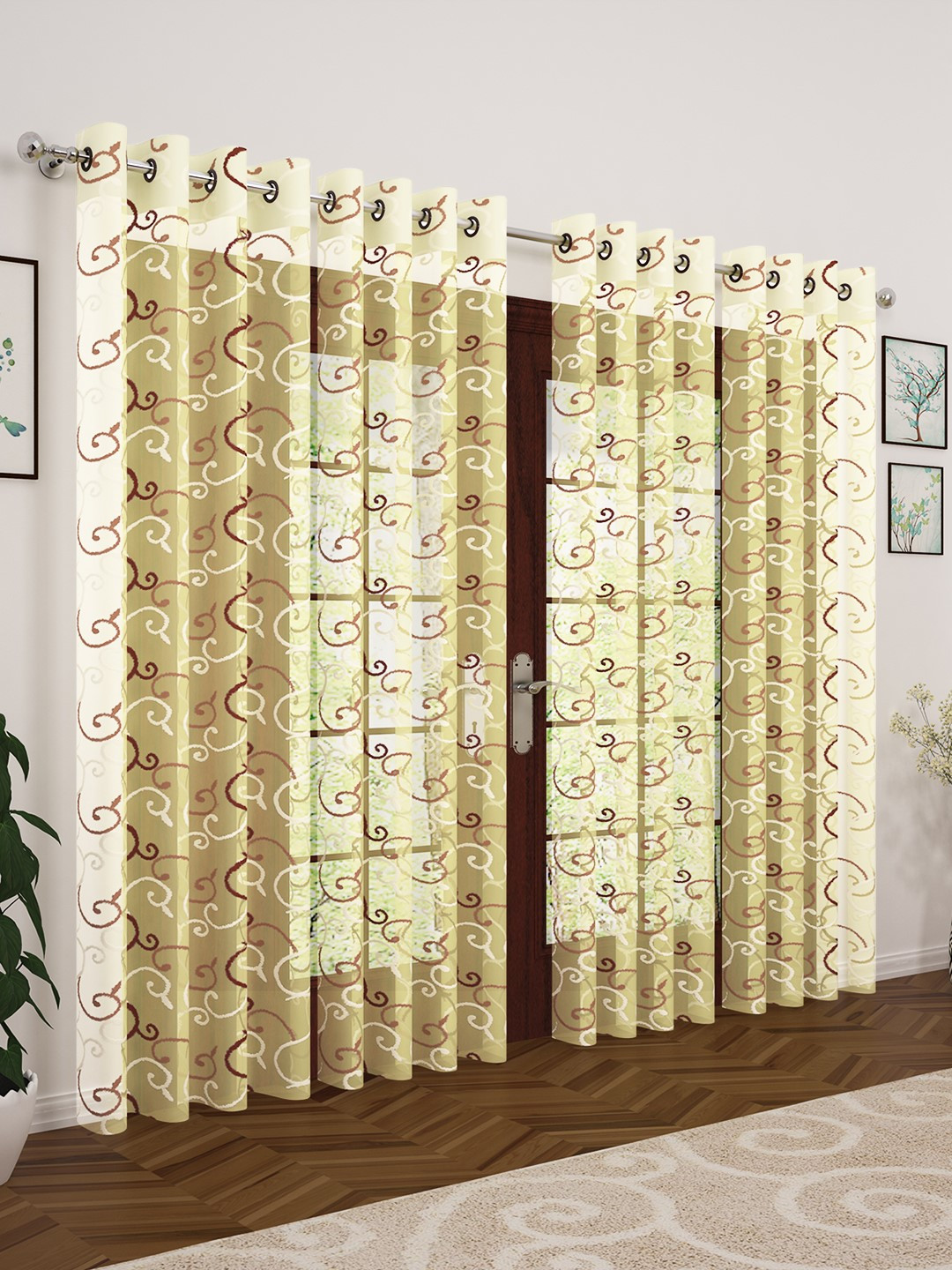 

Story@home Coffee Beige & Brown Set of 4 Embroidered Tissue Door Curtains, Coffee brown