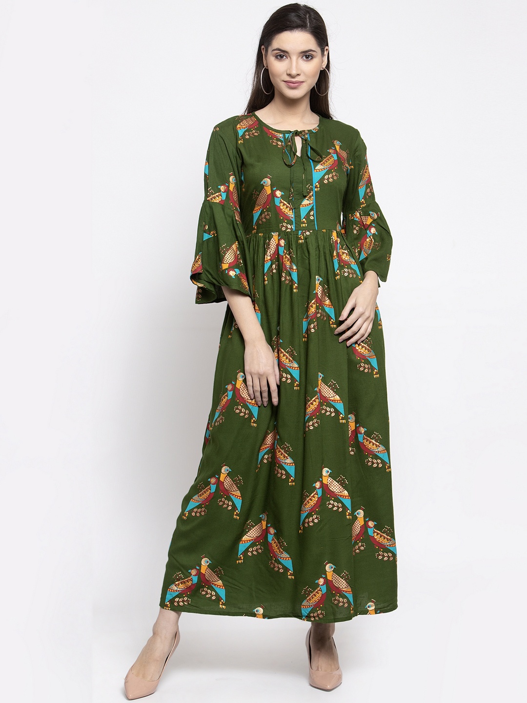 

Indibelle Women Olive Green Printed Maxi Dress