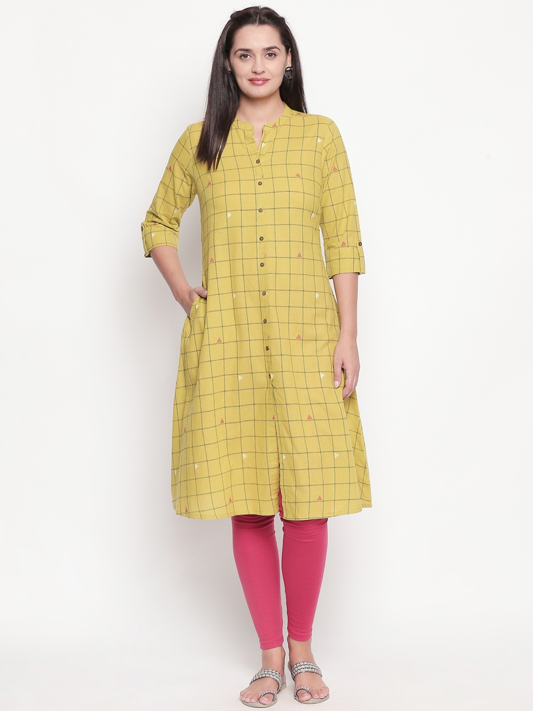 

RANGMANCH BY PANTALOONS Women Yellow Checked A-Line Kurta
